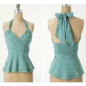 Anthropologie Vanessa Virginia Halter Top Light Green Yellow Sz 8 tropical